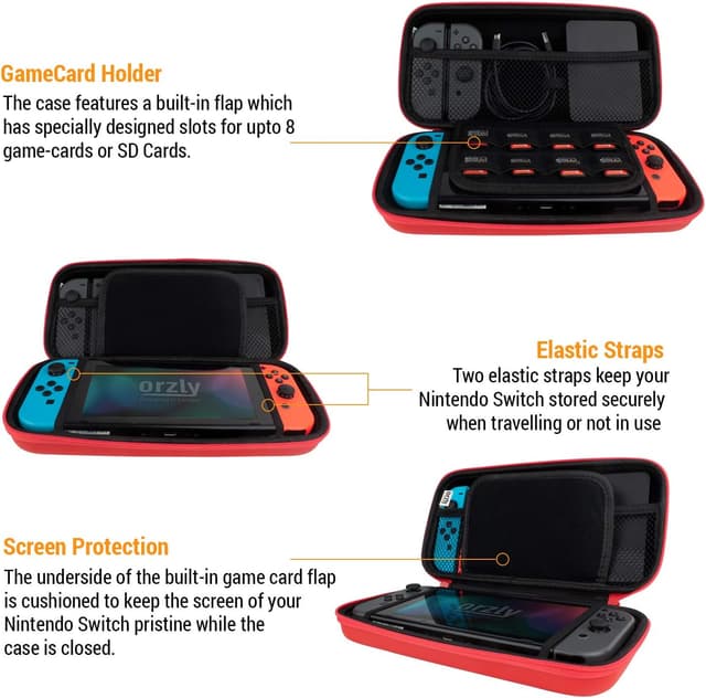 Detalle 2 de Orzly Tragetasche für Nintendo Switch OLED (Rot) – harte EVA-Hülle mit Zubehörfächern