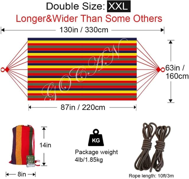 Detalle de GOCAN Brazilian Double Hammock 2 Person Extra Large (220x160cm, 300kg) Rainbow XXL