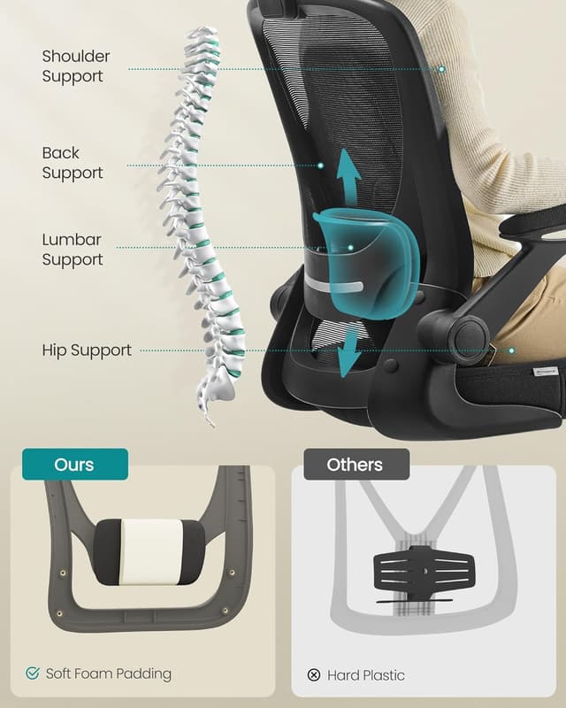 Detalle de SONGMICS Office Chair OBN37BKUK with mesh back, adjustable lumbar support and flip-up armrests