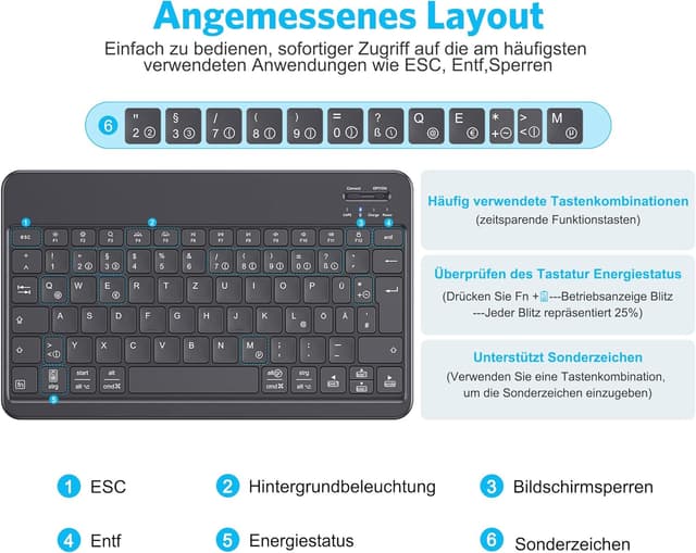 Detalle 1 de Emetok deutsche Bluetooth Tastatur – kabellos, wiederaufladbar, 7-farbige Hintergrundbeleuchtung, schwarz