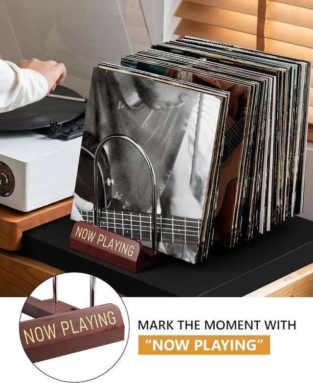 Detalle de BS-VOG Schallplatten-Aufbewahrung: erweiterbarer LP-Ständer für 30–70 Platten mit „Now Playing“-Schild