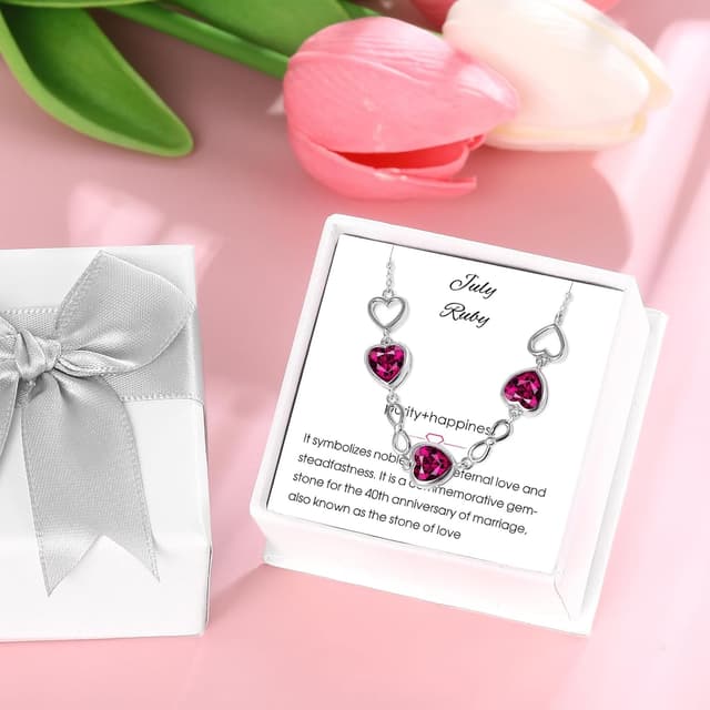 Detalle de Qings 925 Sterling Silber Geburtsstein-Armband „Infinity Heart“ mit 3 Herzen & Herz-Zirkonia, verstellbar