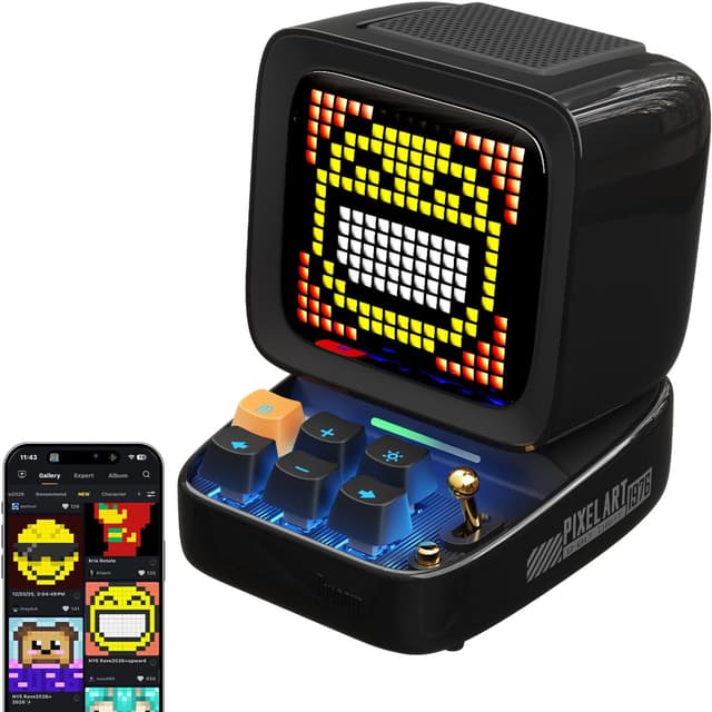 Detalle de Divoom Ditoo multifunctional pixel art Bluetooth speaker with RGB screen, alarm clock and mini keyboard (Black)