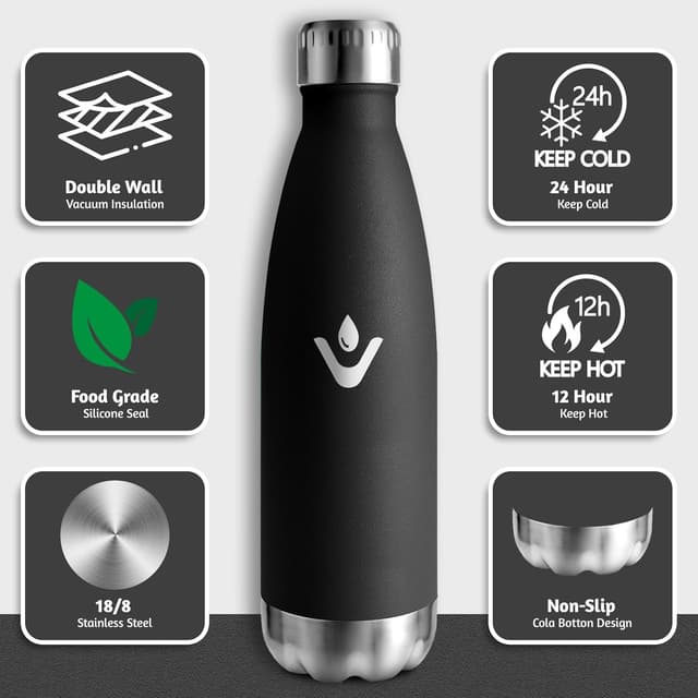 Detalle 2 de Motswedi Borraccia Termica Bambini 500 ml doppia parete 18/8 in acciaio inox, nero