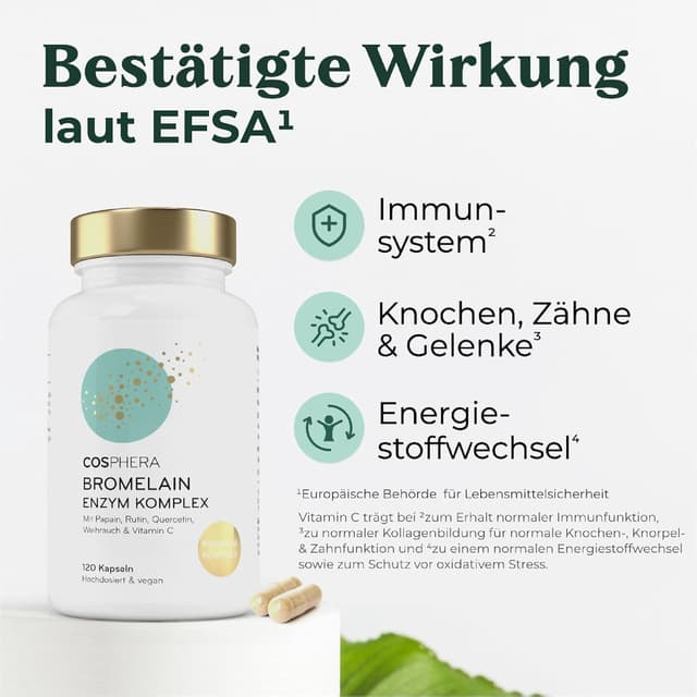 Detalle de COSPHERA® Bromelain hochdosiert 5000 FIP – 6-in-1 Ananas Enzym Komplex mit Papain, Quercetin, Weihrauch, Rutin & Vitamin C (120 magensaftresistente Kapseln)