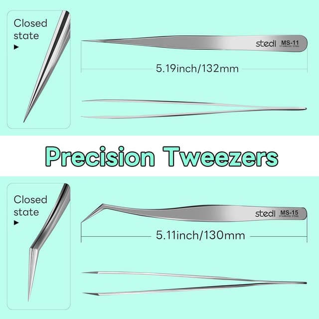 Detalle de Set 2 pinzette di precisione STEDI (punta dritta e punta curva) in acciaio inox per modellismo e parti in resina