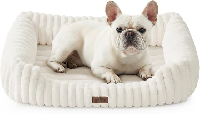Detalle de COZY KISS Orthopedic Medium Dog Bed (30x23x7 inch) – cream faux-fur sofa with raised edges