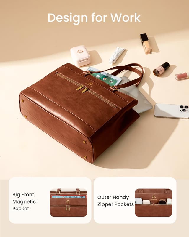 Detalle de LOVEVOOK Damen Handtasche (Groß) für Laptops bis 17,3 Zoll – Retro-Leder Optik, Braun