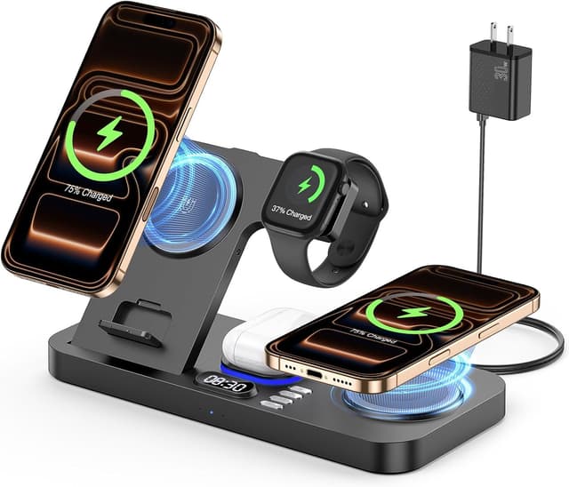 Detalle de YiJYi Dual Phone Wireless Charging Station (30W) with Auto-Switch, Clock & Night Light