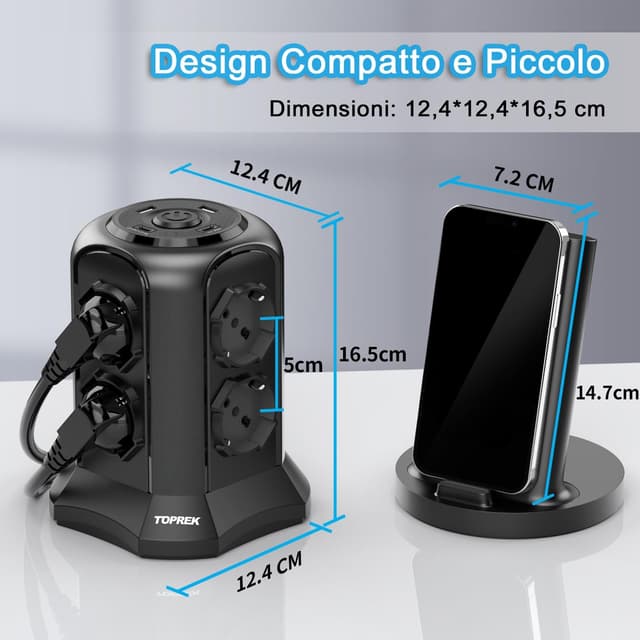 Detalle de TOPREK Multipresa Verticale con 8 prese universali ITA/Schuko e 4 USB (2 USB-C e 2 USB-A) 4000W/16A, nera