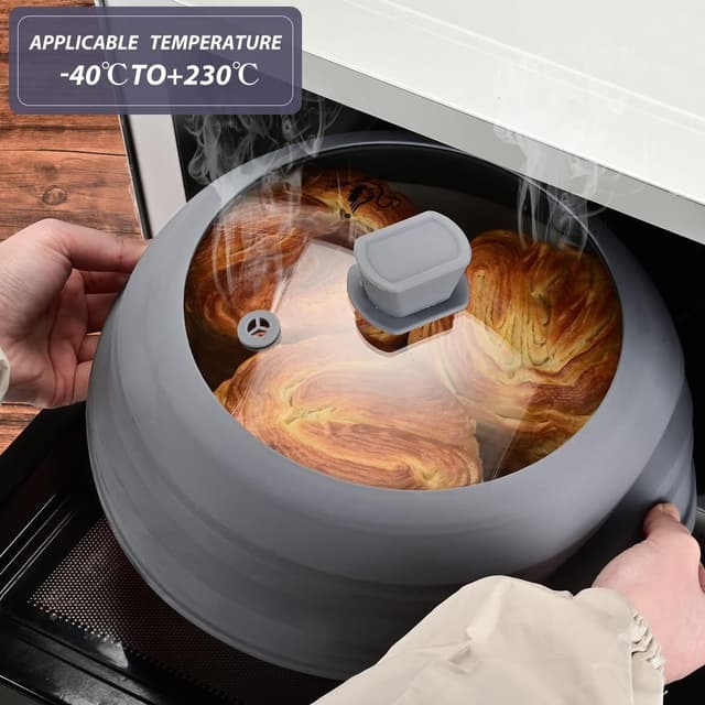Detalle de Microwave Splatter Cover Glass Splatter Guard Lid with Collapsible Silicone Handle (11.8-inch, Light Grey)
