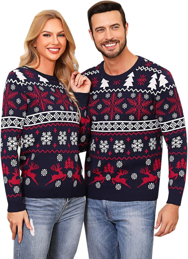 Detalle de Pull de Noël unisexe Aseniza « moche » avec motif flocon et wapiti, col rond et manches longues