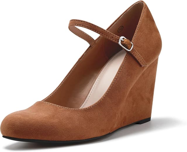 Detalle de Coutgo Women’s Wedge Pumps Mary Jane Heels with Adjustable Ankle Strap (Closed Toe)
