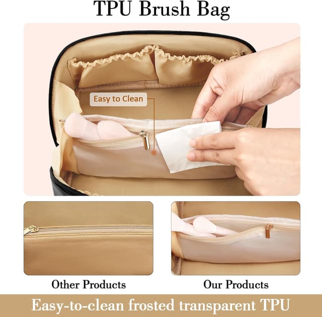 Detalle 2 de CLOUDWINGS Personalized Initial Makeup Organizer Bag Set (Open-Flat Travel Cosmetic Bags, Black)