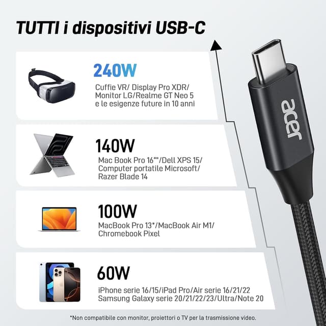 Thumbnail 6 de Acer Cavo USB-C 240W 3 m per ricarica rapida