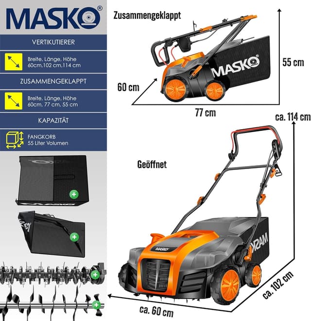 Thumbnail 6 de MASKO® Elektro 2in1 Vertikutierer & Rasenlüfter 1800 W, 40 cm Arbeitsbreite, 55-L Fangkorb