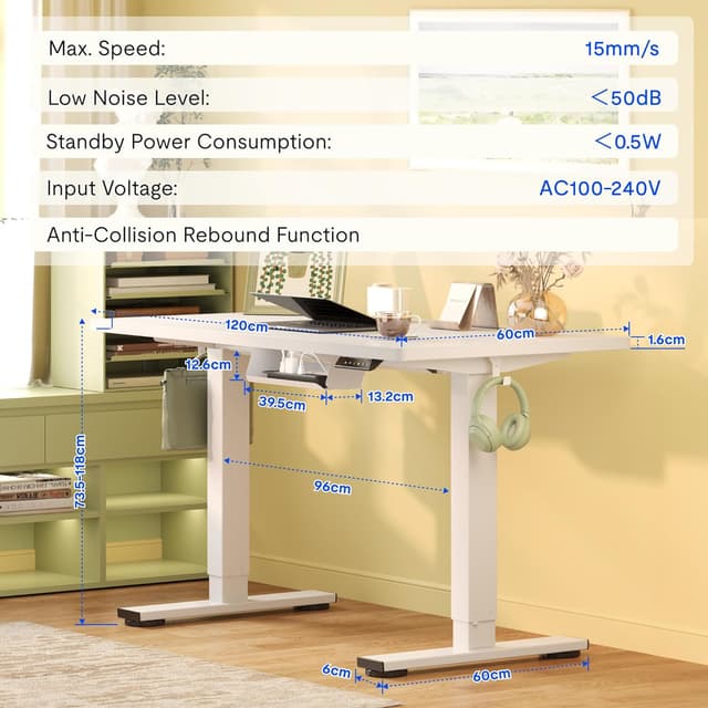 Thumbnail 6 de FlexiSpot E1 Plus One-Piece Electric Standing Desk (120 × 60cm, White) with Memory Smart Panel