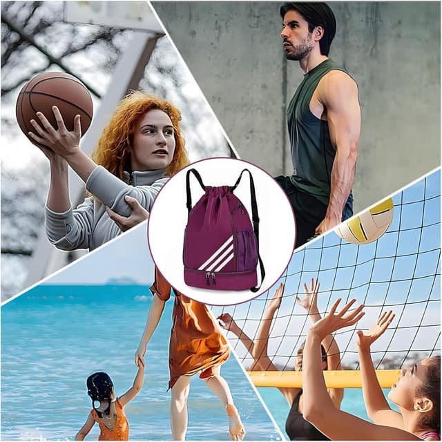 Detalle de Kids & Adults drawstring swimming bags – waterproof gym drawstring backpack with shoe compartment (Purple)