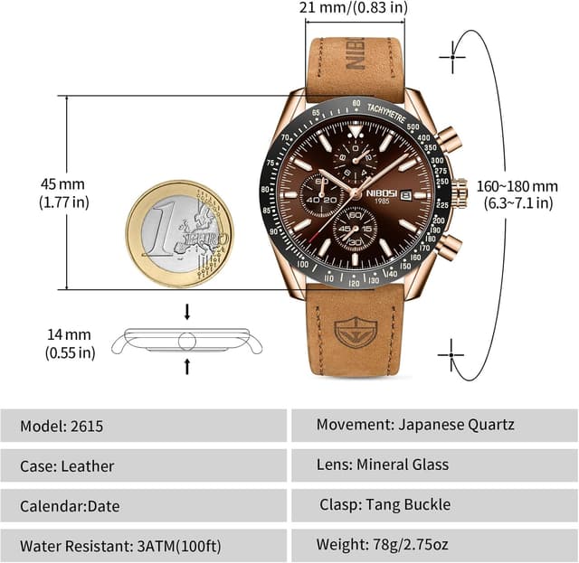 Detalle 2 de NIBOSI orologio da uomo analogico al quarzo cronografo con data, impermeabile 3 ATM e cinturino in pelle