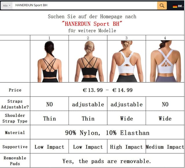 Detalle 2 de HANERDUN Damen Sport-BH für Yoga & Fitness mit Gepolsterten, nahtlosem Design ohne Bügel