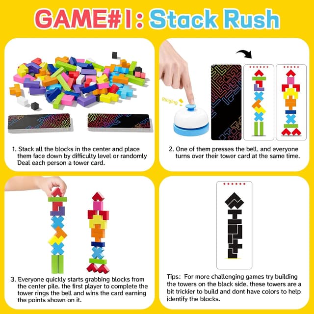 Detalle 2 de QianShouYan Wooden Block Stacking Games (120-Piece) 4-in-1 Fast-Paced Building Block Board Game for Kids 4+ (1–6 Players)