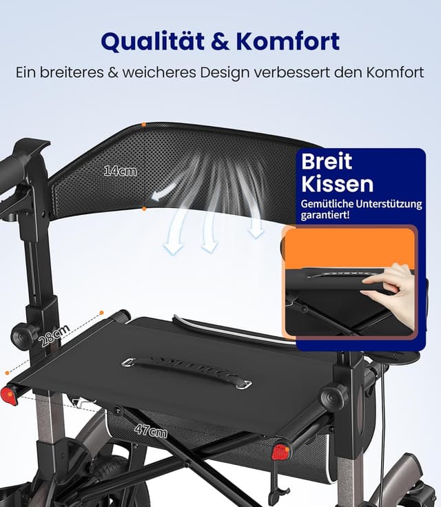 Detalle de VOCIC Rollator faltbar und leicht mit Sitz – Outdoor-Rollator mit nicht-pneumatischen Gummi-Reifen, grau