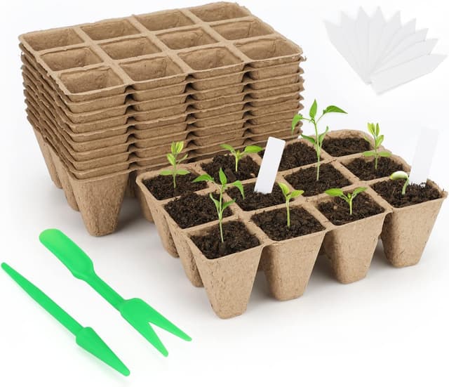 Detalle de KINGLAKE 20 Pack Biodegradable Seed Trays & Plant Pots (240 Cells) with Labels, Widger and Dibber