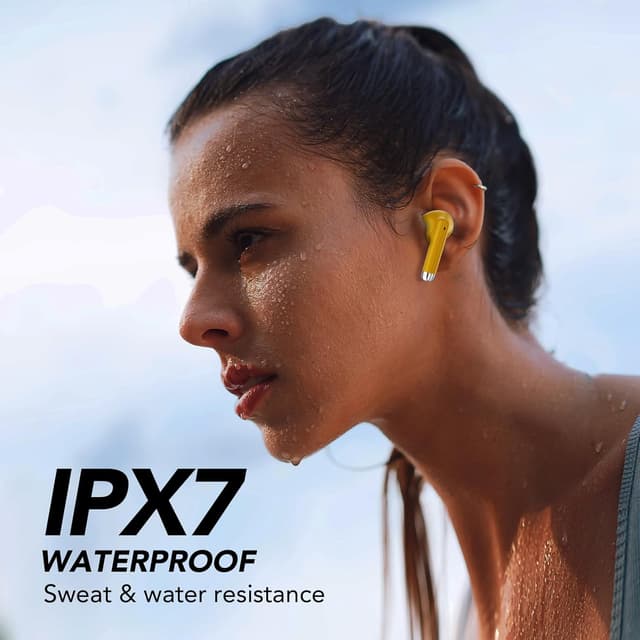Detalle de QXQ Bluetooth Kopfhörer (Sport In-Ear) mit 4 ENC Mikrofonen, 40 Std Laufzeit und LED-Anzeige – Gelb