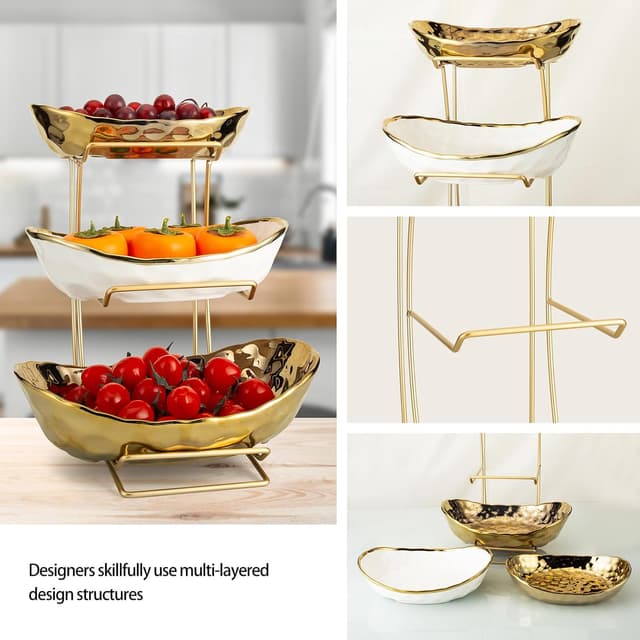 Detalle de YYW 3-Tier Ceramic Fruit Bowl Stand (White & Gold) for Countertop Storage