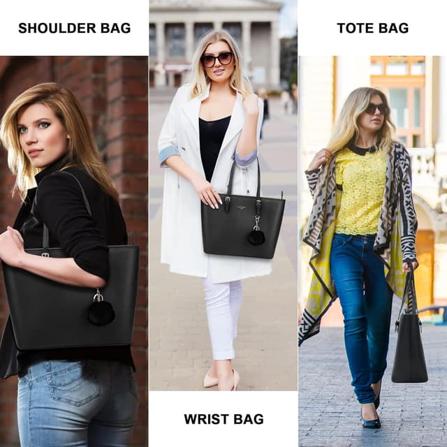 Detalle 2 de URAQT Women’s 15.6-inch Large PU Leather Top-Handle Tote Bag with Wallet & Card Holder (Black)