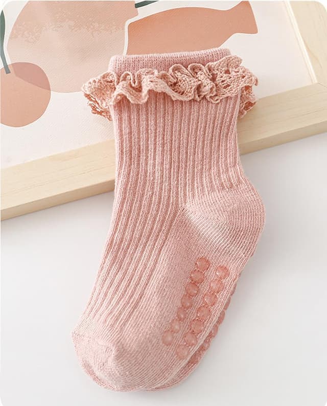 Detalle de DRESHOW infant ruffle lace non-slip ankle socks (combed cotton-blend) for newborns to toddlers