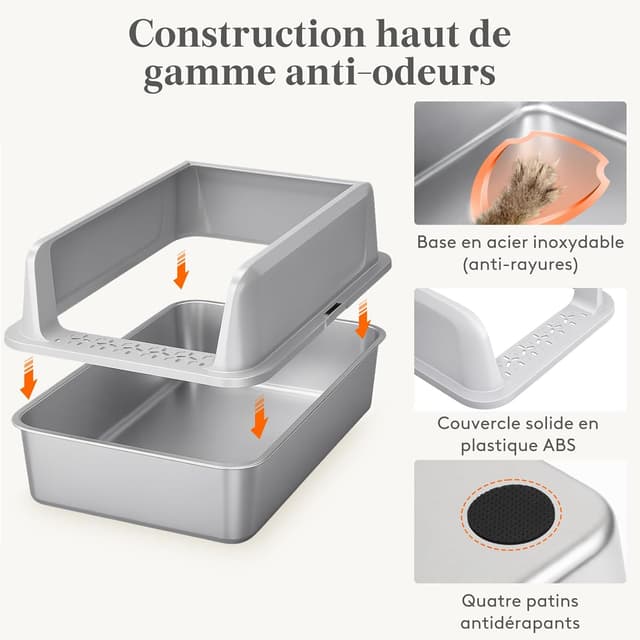 Detalle de Lifewit litière pour chat ouverte en acier inoxydable avec pelle et grand bac XXL (sans couvercle) – Gris