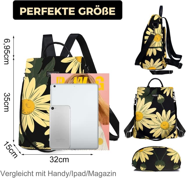 Detalle 2 de Fmeida Damen-Rucksack Anti-Diebstahl aus Nylon – 2-in-1 Schultertasche & Daypack (wasserabweisend)