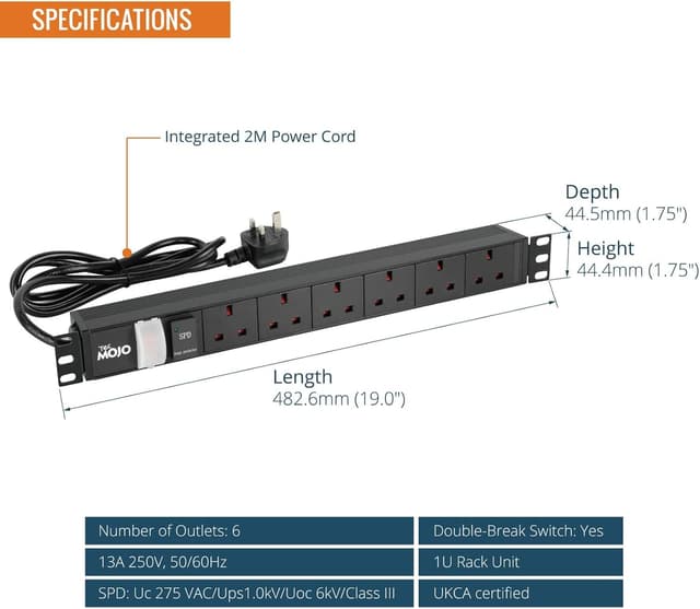 Detalle de Tecmojo 6 Way 19” Rack Mount PDU (13A switched) with surge protection