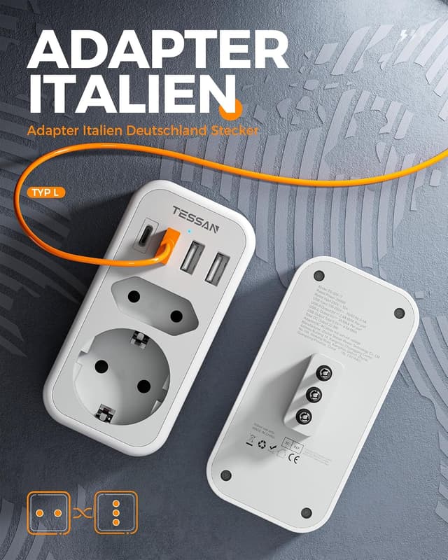 Detalle 2 de TESSAN Reiseadapter Italien 6 in 1 L, 2500 W