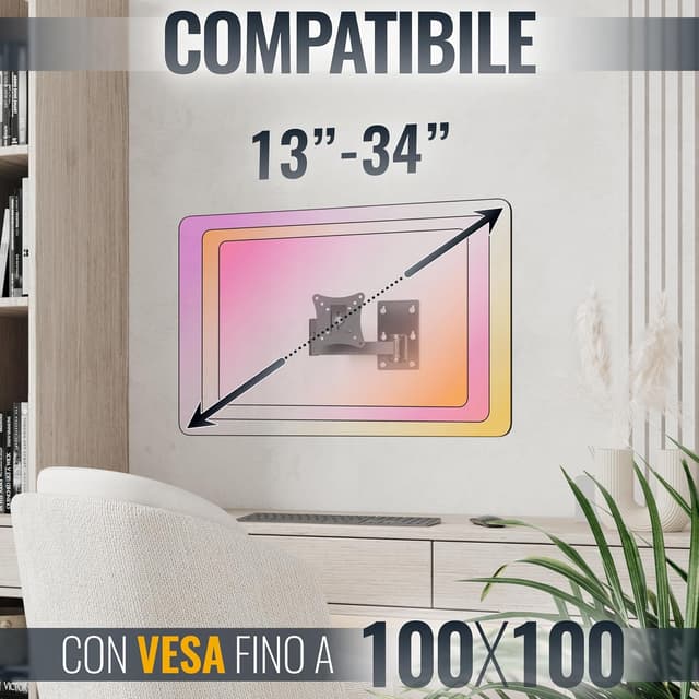 Detalle 2 de RICOO Supporto monitor a muro R02-11 girevole e inclinabile per schermi 13–29" con attacco VESA 100x100