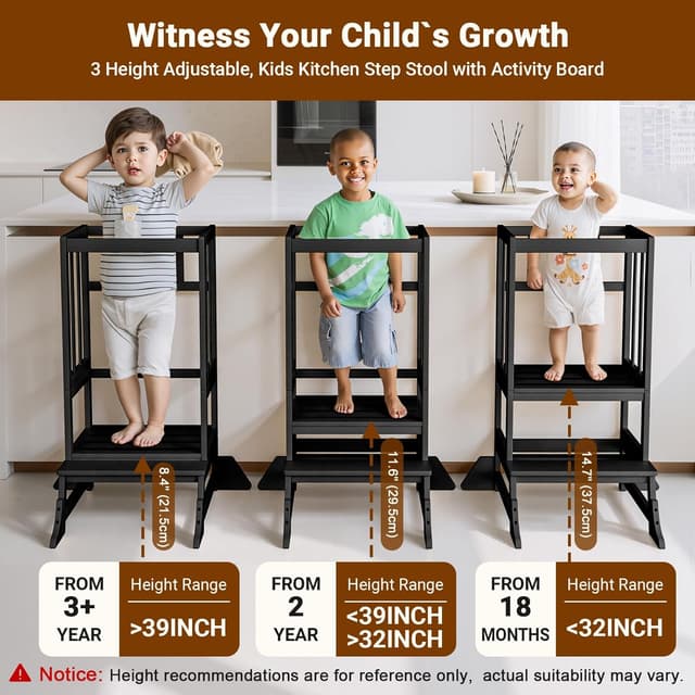 Detalle 2 de COSYLAND Toddler Kitchen Step Stool Height Adjustable (Black) – Learning Tower for Kitchen & Bathroom Counters