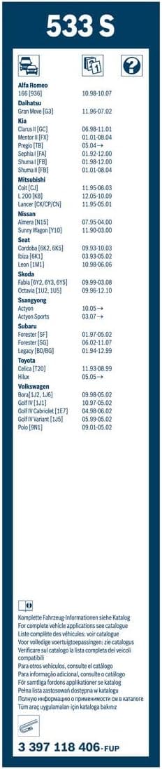 Detalle de Bosch Twin 533 S : jeu de 2 balais d’essuie-glaces de remplacement avant (530 mm / 475 mm) avec adaptateur Quick-Clip