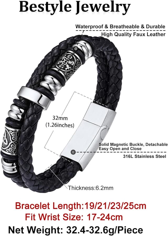 Detalle 2 de Bestyle Lederarmband für Herren mit Edelstahl 316L und Magnetverschluss (Längen 19–25 cm) in Gold/Silber/Schwarz