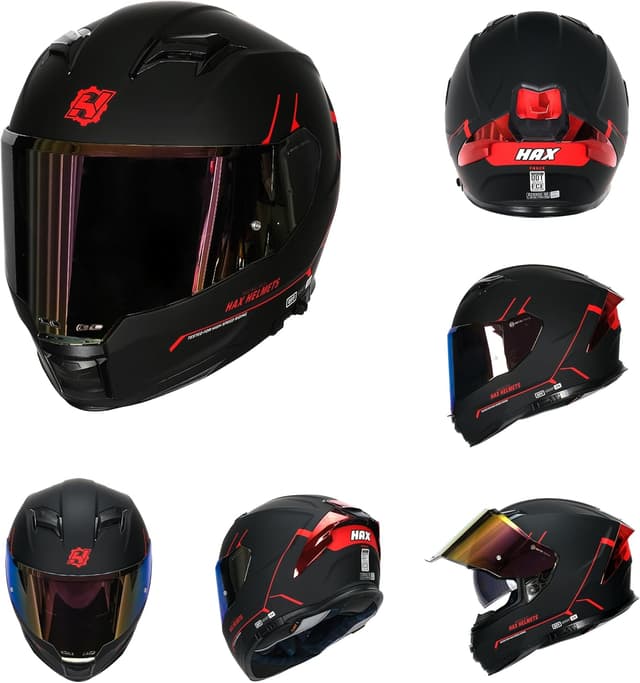 Detalle de HAX Force Aerodynamic Full Face Helmet (DOT & ECE 22.06) with Dual Visor, Pinlock Ready, Adult Size, Matte Black/Red