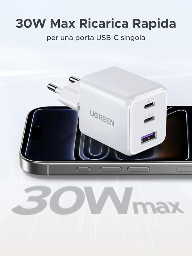 Detalle de UGREEN Zapix caricatore USB-C 30 W 3 porte
