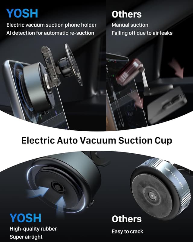 Detalle de YOSH 2026 Auto-Vacuum Lock Magnetic Phone Holder with 3-axis Flex Arm for MagSafe & All Phones