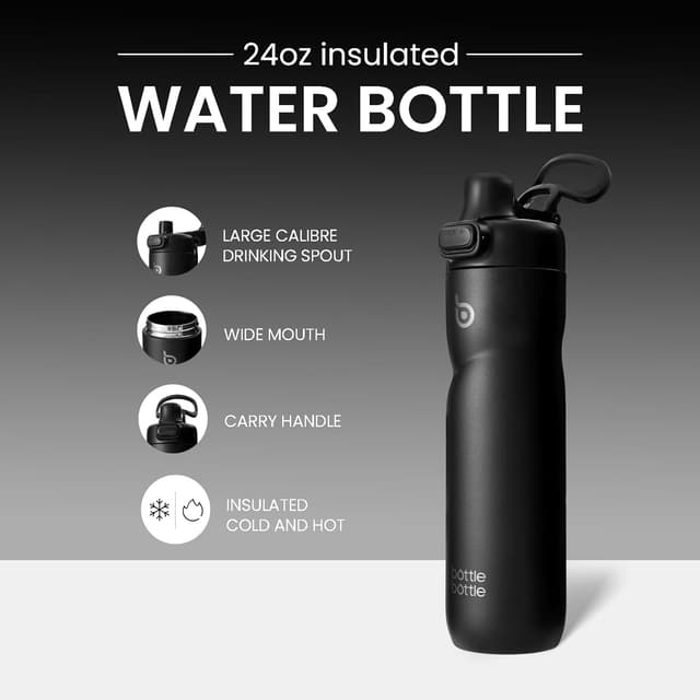 Detalle de BOTTLE BOTTLE Insulated 24 oz Stainless Steel Water Bottle with Flip Top Lids (Black)