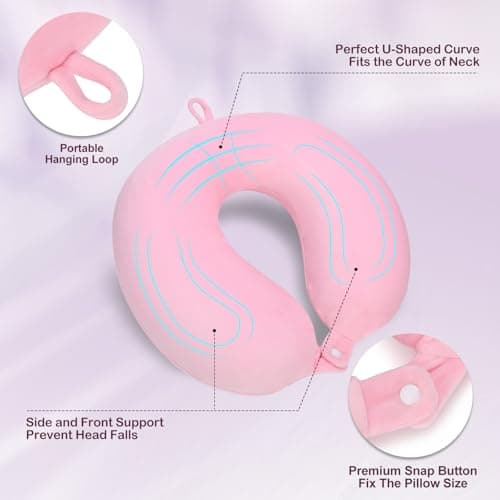 Detalle de Cirorld almohada de viaje hinchable para cuello (rosado), con máscara de ojos, tapones y bolsa