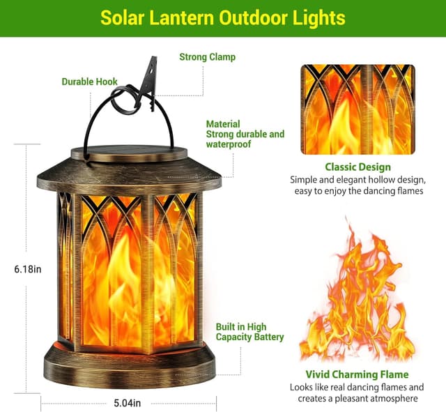 Detalle de KOOPER Solar Lights Outdoor Garden – 2 Pack Hanging Solar Lanterns with Flickering Flame Effect LED (Waterproof)