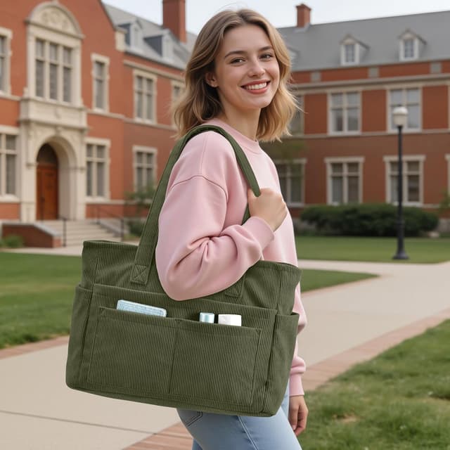 Detalle de oscaurt Corduroy Tote Bag with 13 Pockets (20-litre capacity) – organiser shoulder bag for work, school and travel