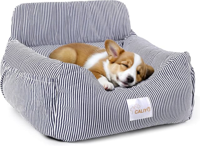 Detalle de CALIYO Hundeautositz mit stabiler Basis, Sicherheitsgurt & Memory-Foamauflage (blau/weiß) – für Hunde bis 10 kg