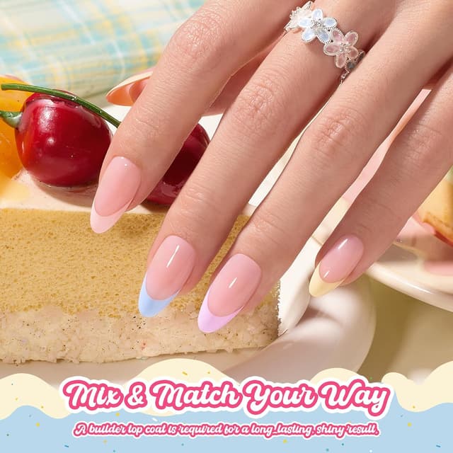 Detalle de Beetles French Tips Press On Nails (Pastel Spring, Medium Almond) — 192-Piece Set with Labeled Tip Sizes