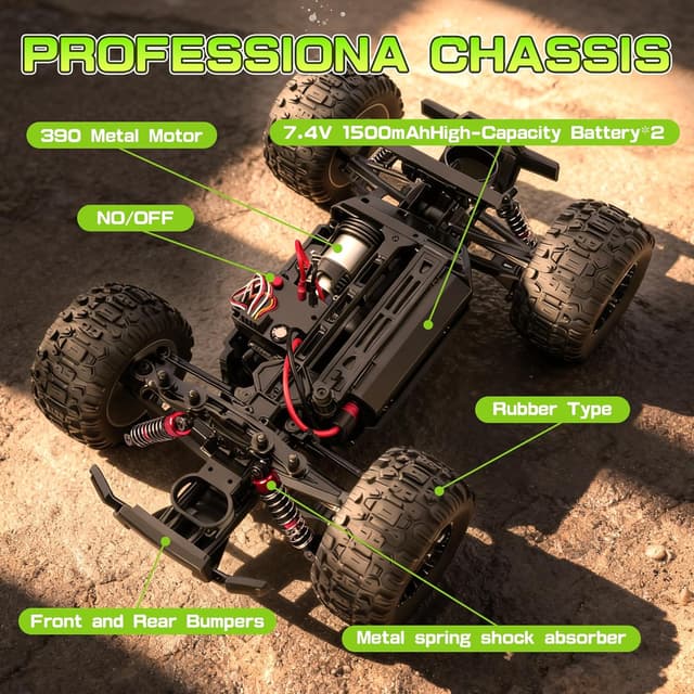 Detalle de BAZADER Voiture Télécommandée Tout Terrain 1:16 4x4 2,4 GHz avec lumières RVB et 2 batteries rechargeables