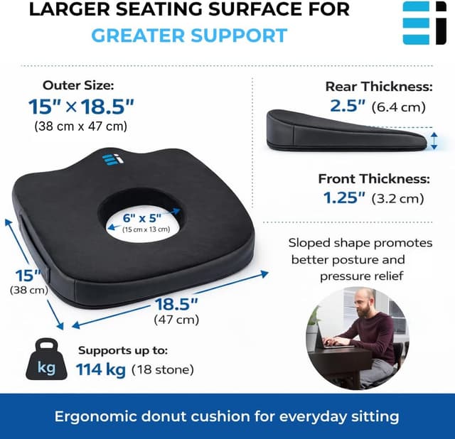 Detalle 2 de Large Donut Cushion for Coccyx Pain (Premium Orthopaedic Memory Foam Seat Cushion) – for tailbone relief